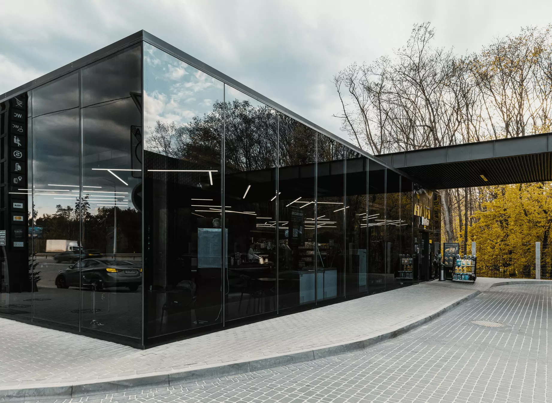 Glass facade of the gas station