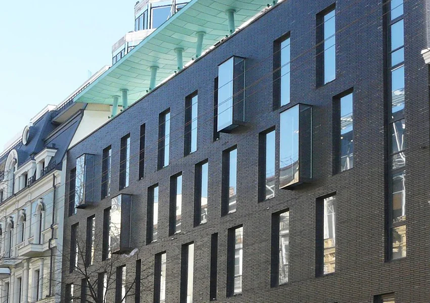 Bay windows in the building on Mykhailivska Street, Kyiv, Ukraine