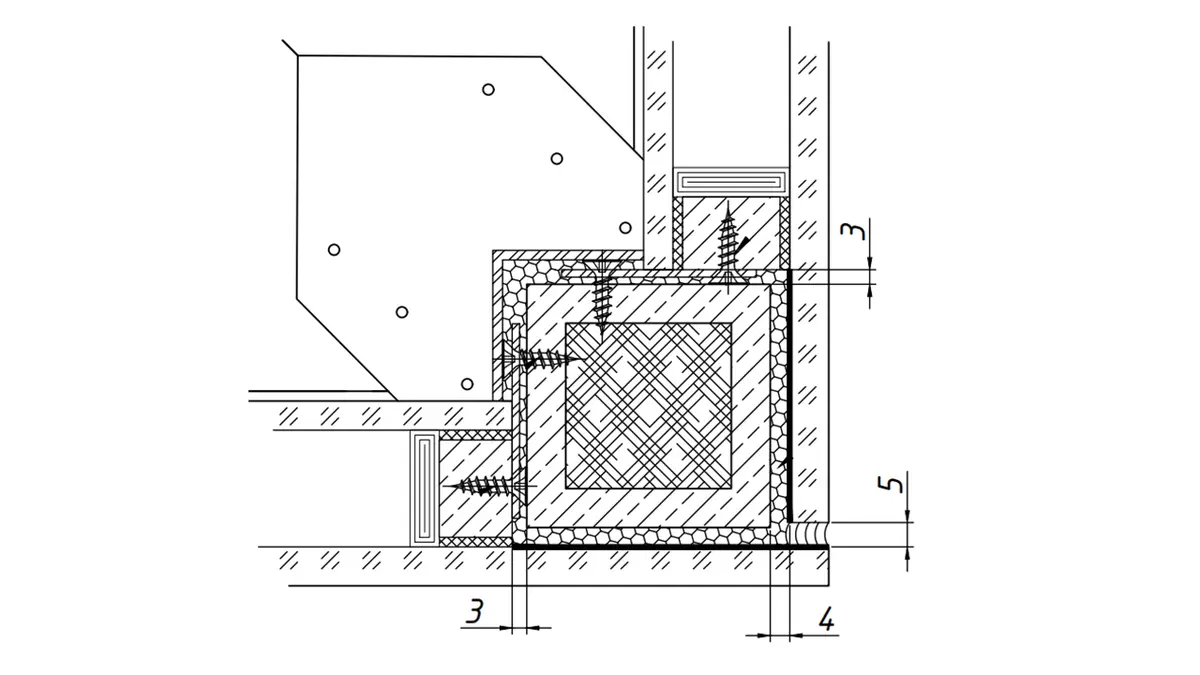Diagram of the corner connection of double-glazed windows